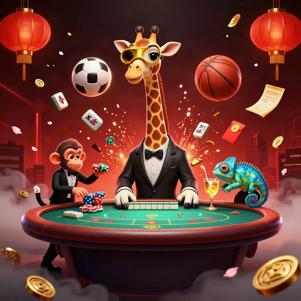 Ground-level casino-sports fantasy with giraffe, monkey and chameleon amid flying balls and neon props