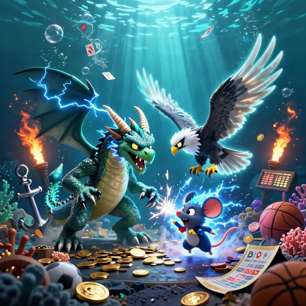 Thunder dragon, wind hawk and mouse in neon underwater treasure cove with coins, cards and balls.