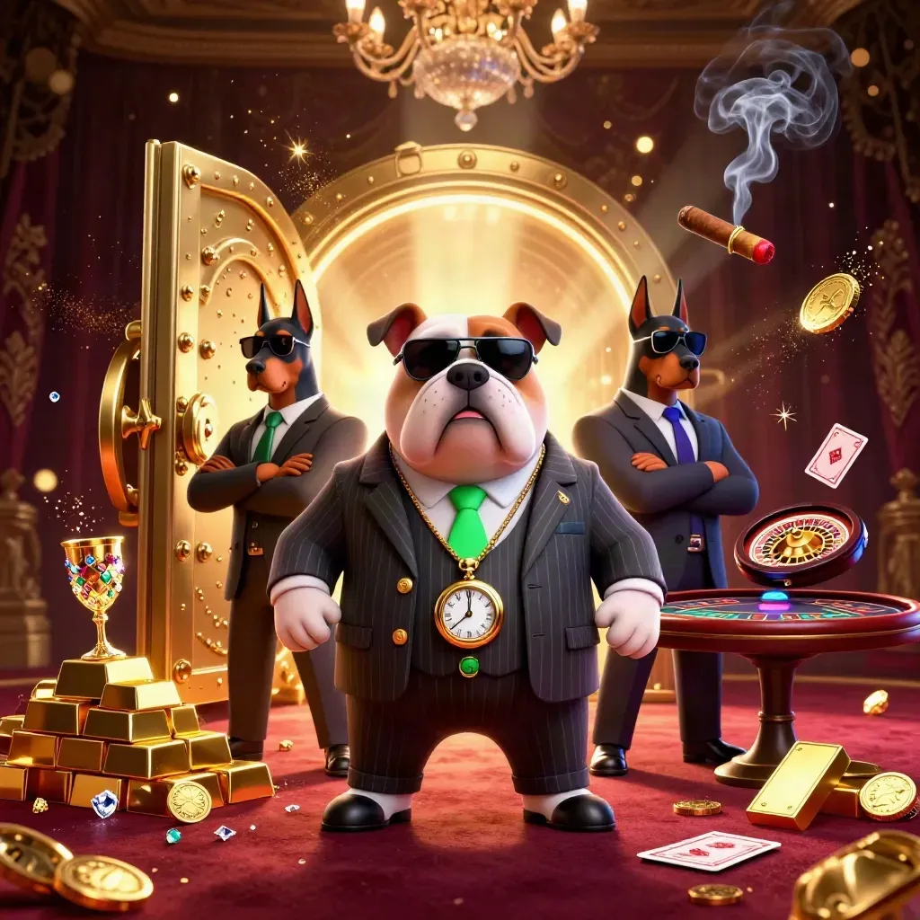 Mafia-boss bulldog and Dobermans guard a glowing gold vault in a luxe casino room.