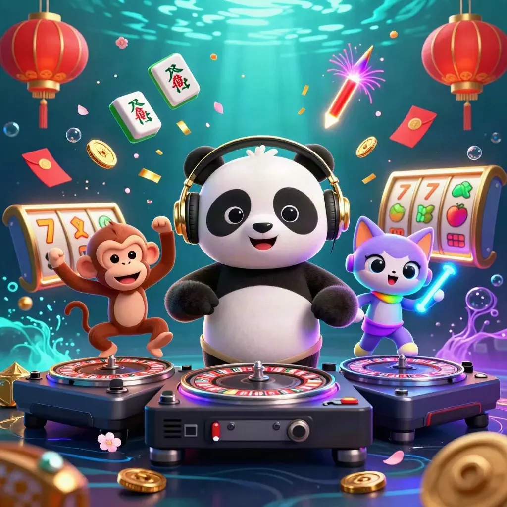 DJ panda, dancing monkey and glow-stick kitten in an underwater neon casino burst with coins, petals and light