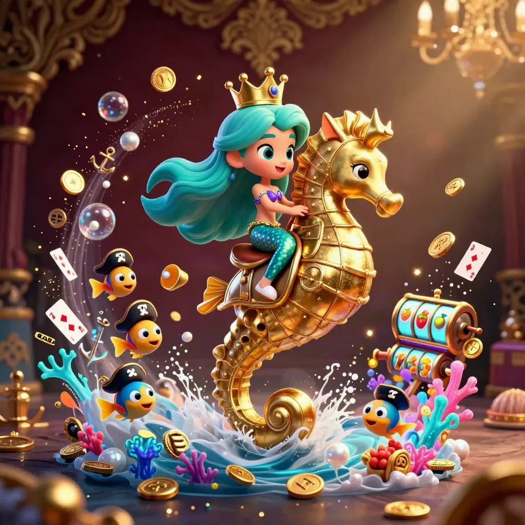 Mermaid princess rides armored seahorse amid treasure, fish pirates, cards, coins and neon casino glow.