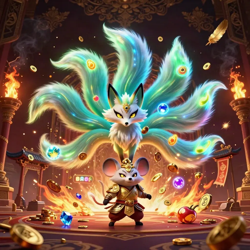 Neon fox spirit and golden mouse amid coins, gems, temple gate, and casino effects