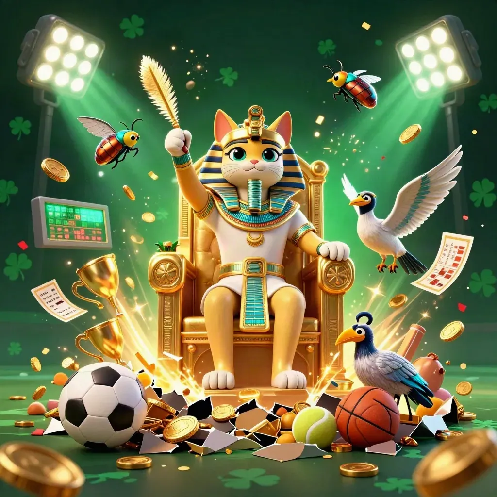 Pharaoh cat, ibis scribe, and gem-wing scarabs burst through coins, trophies, balls, and fireworks.